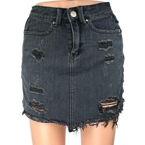 Denim TwentyFourSeven Lace Up Distressed Cut Off Mini Denim Jean Skirt Size 32